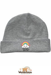 Umschlagmütze Rox-01 in Grau meliert mit Motiv Regenbogen Gute Laune jeden Tag