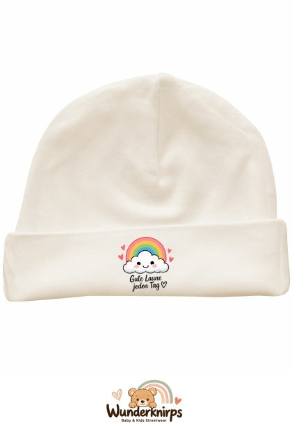 Umschlagmütze Rox-01 in Natur mit Motiv Regenbogen Gute Laune jeden Tag