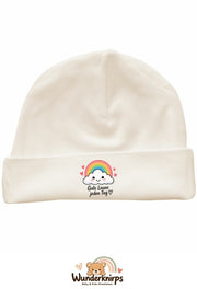 Umschlagmütze Rox-01 in Natur mit Motiv Regenbogen Gute Laune jeden Tag