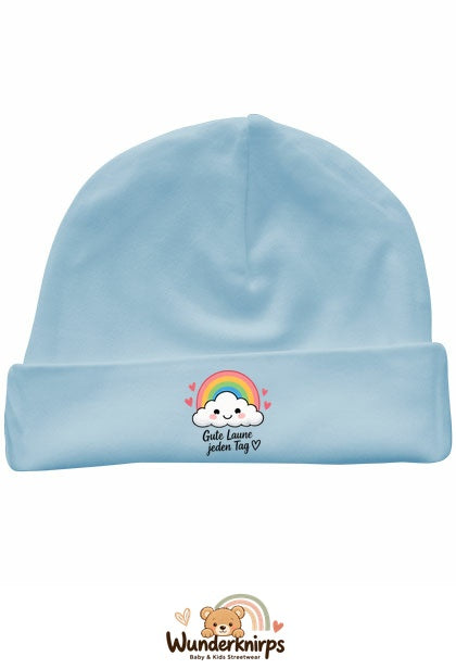 Umschlagmütze Rox-01 in Pastellblau mit Motiv Regenbogen Gute Laune jeden Tag