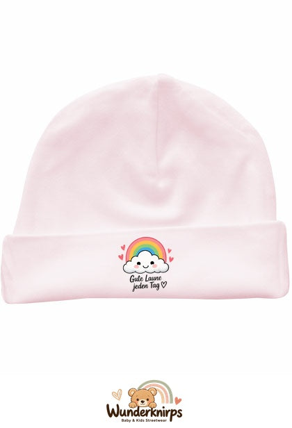 Umschlagmütze Rox-01 in Pastellrosa mit Motiv Regenbogen Gute Laune jeden Tag