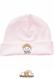 Umschlagmütze Rox-01 in Pastellrosa mit Motiv Regenbogen Gute Laune jeden Tag