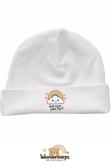 Umschlagmütze Rox-01 in Weiß mit Motiv Regenbogen Gute Laune jeden Tag