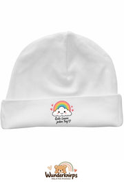 Umschlagmütze Rox-01 in Weiß mit Motiv Regenbogen Gute Laune jeden Tag