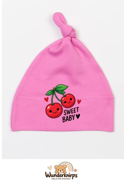 Knotenmütze Babybugz BZ15 in Bubblegum-Pink mit Motiv Kirschen Sweet Baby
