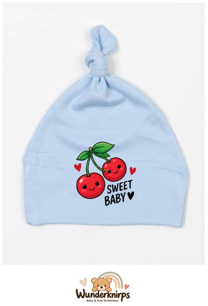 Knotenmütze Babybugz BZ15 in Staubblau mit Motiv Kirschen Sweet Baby