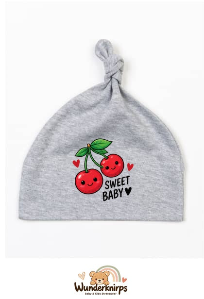 Knotenmütze Babybugz BZ15 in Grau meliert mit Motiv Kirschen Sweet Baby