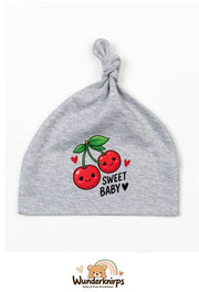 Knotenmütze Babybugz BZ15 in Grau meliert mit Motiv Kirschen Sweet Baby