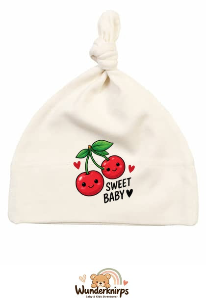 Knotenmütze Babybugz BZ15 in Natur mit Motiv Kirschen Sweet Baby