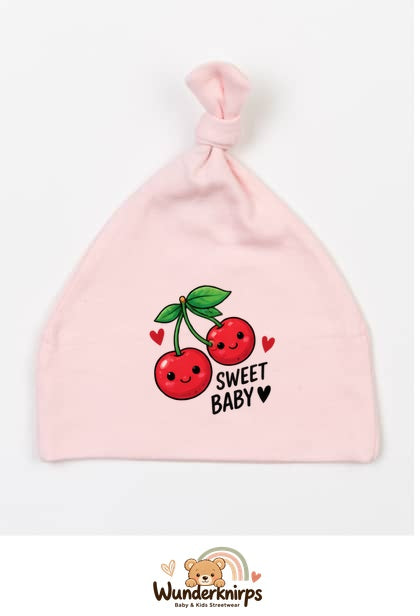 Knotenmütze Babybugz BZ15 in Pastellrosa mit Motiv Kirschen Sweet Baby