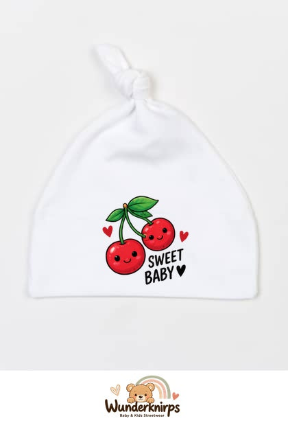 Knotenmütze Babybugz BZ15 in Weiß mit Motiv Kirschen Sweet Baby
