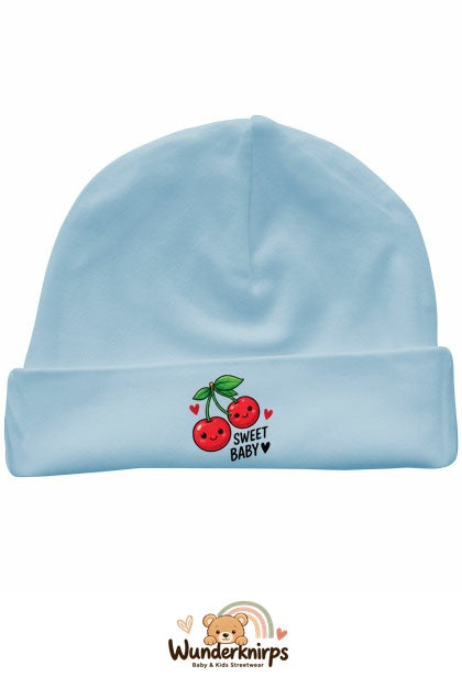 Umschlagmütze Rox-01 in Pastellblau mit Motiv Kirschen Sweet Baby
