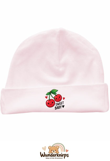Umschlagmütze Rox-01 in Pastellrosa mit Motiv Kirschen Sweet Baby