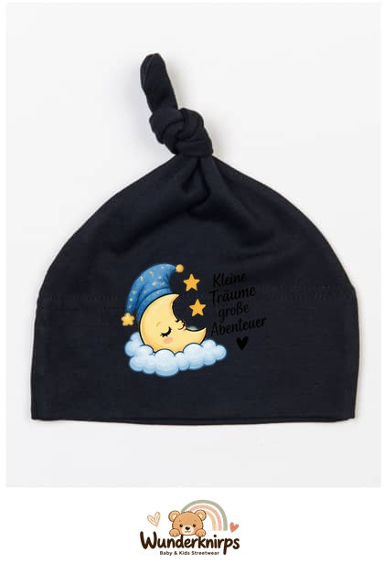 Knotenmütze Babybugz BZ15 in Schwarz mit Motiv Mond Kleine Träume, große Abenteuer