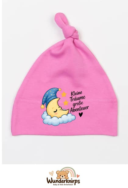 Knotenmütze Babybugz BZ15 in Bubblegum-Pink mit Motiv Mond Kleine Träume, große Abenteuer