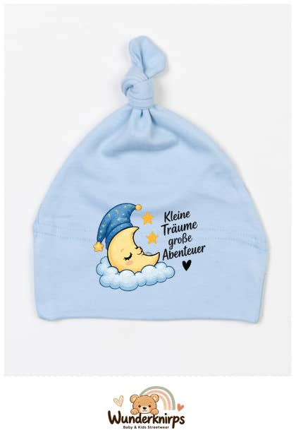 Knotenmütze Babybugz BZ15 in Staubblau mit Motiv Mond Kleine Träume, große Abenteuer