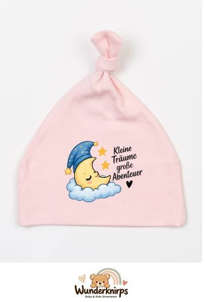 Knotenmütze Babybugz BZ15 in Pastellrosa mit Motiv Mond Kleine Träume, große Abenteuer
