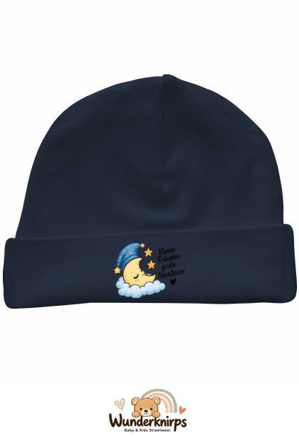 Umschlagmütze Rox-01 in Marineblau mit Motiv Mond Kleine Träume, große Abenteuer