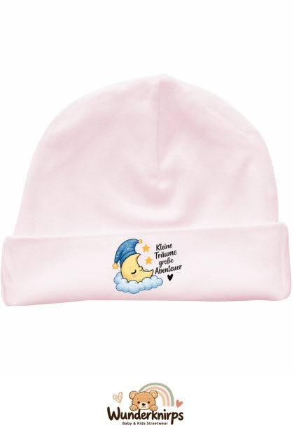 Umschlagmütze Rox-01 in Pastellrosa mit Motiv Mond Kleine Träume, große Abenteuer