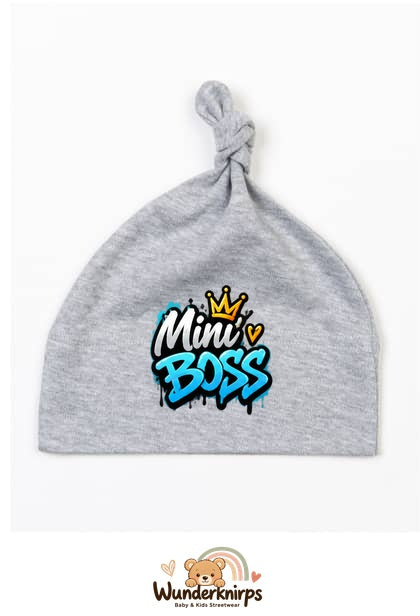 Knotenmütze Babybugz BZ15 in Grau meliert mit Motiv Mini Boss Graffiti