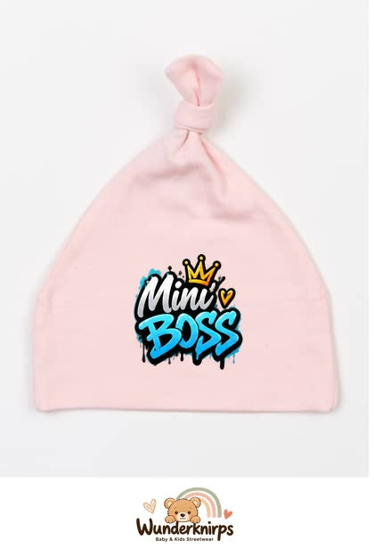 Knotenmütze Babybugz BZ15 in Pastellrosa mit Motiv Mini Boss Graffiti