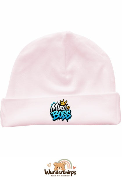 Umschlagmütze Rox-01 in Pastellrosa mit Motiv Mini Boss Graffiti