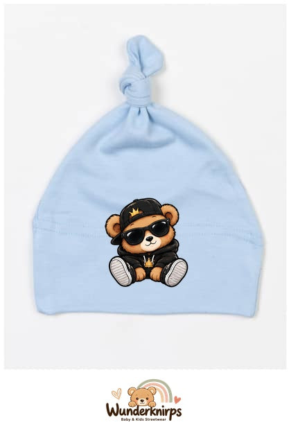 Knotenmütze Babybugz BZ15 in Staubblau mit Motiv Bär im Streetwear-Look