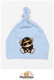 Knotenmütze Babybugz BZ15 in Staubblau mit Motiv Bär im Streetwear-Look