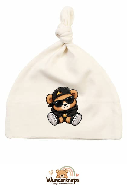 Knotenmütze Babybugz BZ15 in Natur mit Motiv Bär im Streetwear-Look