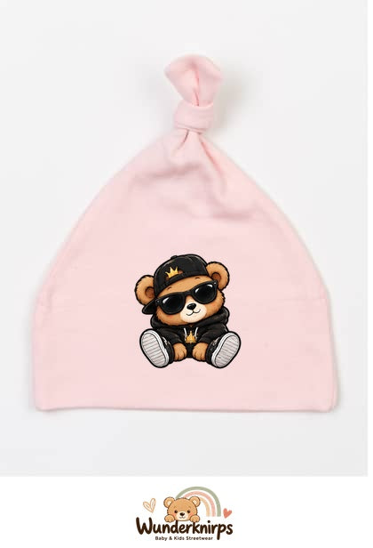 Knotenmütze Babybugz BZ15 in Pastellrosa mit Motiv Bär im Streetwear-Look