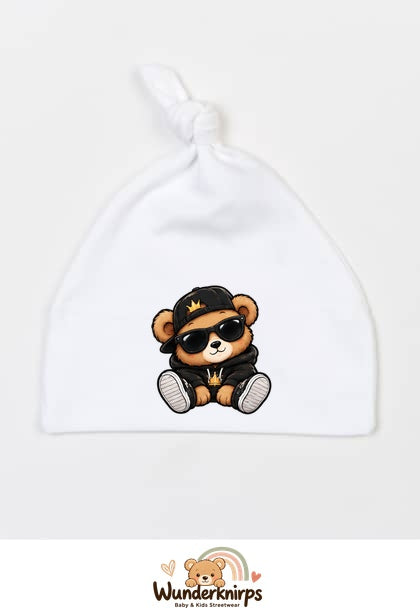 Knotenmütze Babybugz BZ15 in Weiß mit Motiv Bär im Streetwear-Look
