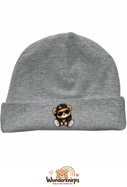 Umschlagmütze Rox-01 in Grau meliert mit Motiv Bär im Streetwear-Look