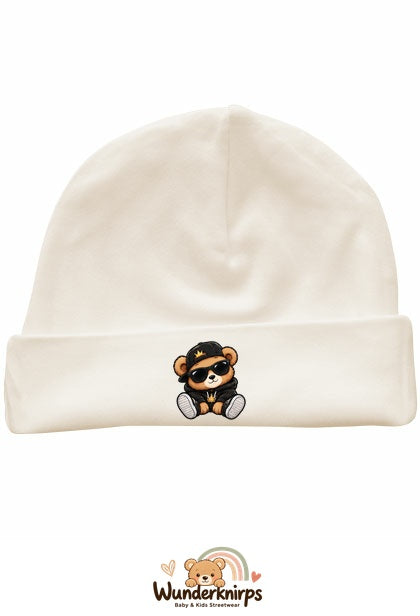 Umschlagmütze Rox-01 in Natur mit Motiv Bär im Streetwear-Look
