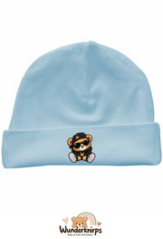 Umschlagmütze Rox-01 in Pastellblau mit Motiv Bär im Streetwear-Look
