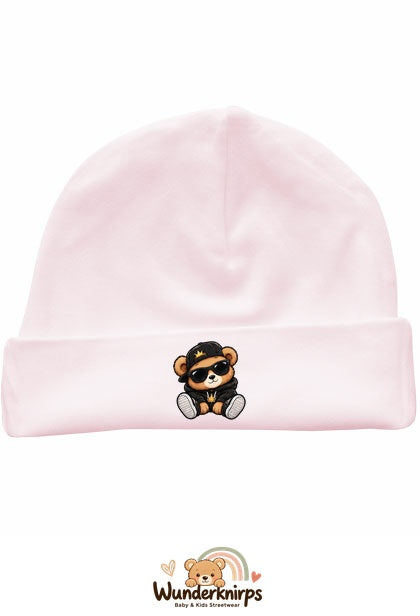 Umschlagmütze Rox-01 in Pastellrosa mit Motiv Bär im Streetwear-Look