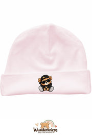 Umschlagmütze Rox-01 in Pastellrosa mit Motiv Bär im Streetwear-Look