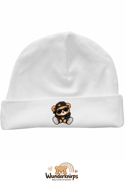Umschlagmütze Rox-01 in Weiß mit Motiv Bär im Streetwear-Look