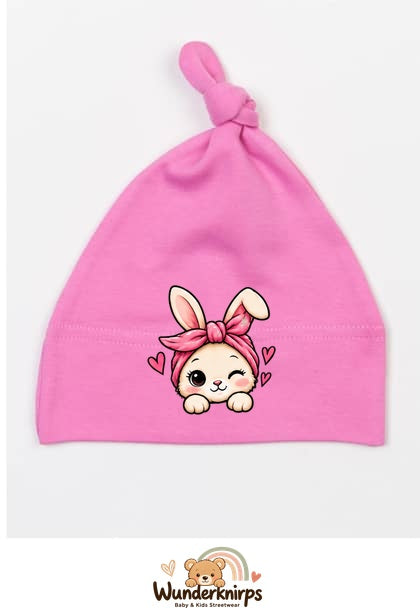 Knotenmütze Babybugz BZ15 in Bubblegum-Pink mit Motiv Hase mit Bandana