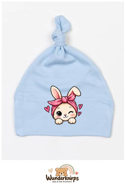 Knotenmütze Babybugz BZ15 in Staubblau mit Motiv Hase mit Bandana