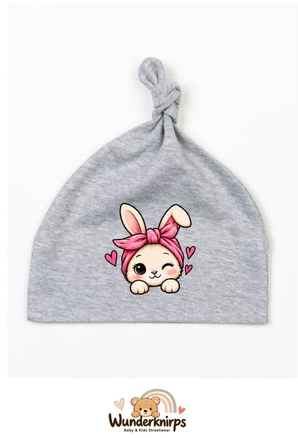 Knotenmütze Babybugz BZ15 in Grau meliert mit Motiv Hase mit Bandana