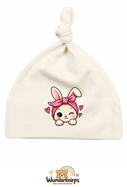 Knotenmütze Babybugz BZ15 in Natur mit Motiv Hase mit Bandana