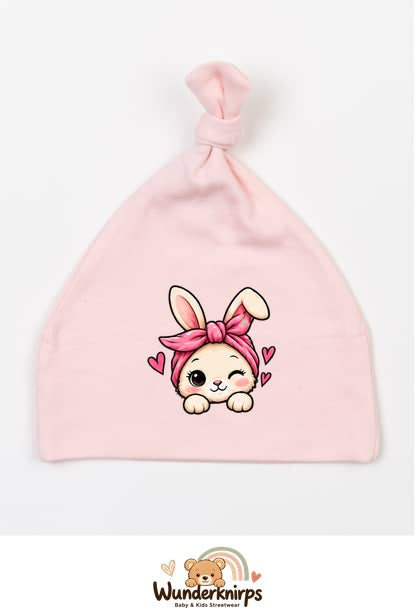 Knotenmütze Babybugz BZ15 in Pastellrosa mit Motiv Hase mit Bandana