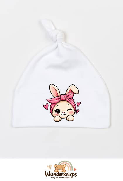 Knotenmütze Babybugz BZ15 in Weiß mit Motiv Hase mit Bandana