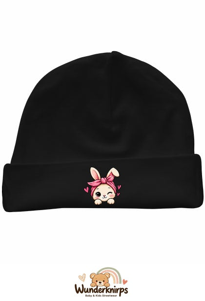 Umschlagmütze Rox-01 in Schwarz mit Motiv Hase mit Bandana