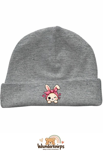 Umschlagmütze Rox-01 in Grau meliert mit Motiv Hase mit Bandana