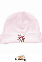 Umschlagmütze Rox-01 in Pastellrosa mit Motiv Hase mit Bandana