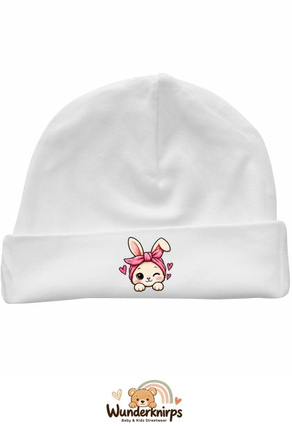 Umschlagmütze Rox-01 in Weiß mit Motiv Hase mit Bandana