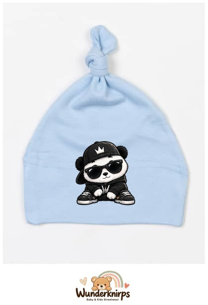 Knotenmütze Babybugz BZ15 in Staubblau mit Motiv Panda im Streetwear-Look