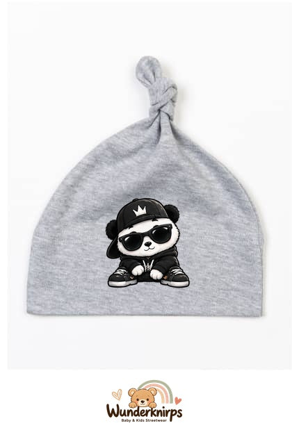 Knotenmütze Babybugz BZ15 in Grau meliert mit Motiv Panda im Streetwear-Look