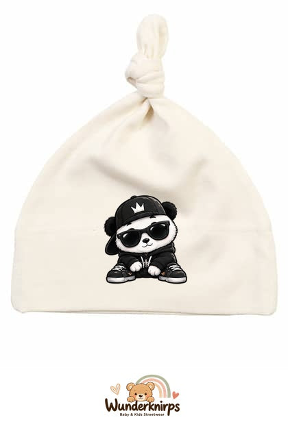 Knotenmütze Babybugz BZ15 in Natur mit Motiv Panda im Streetwear-Look